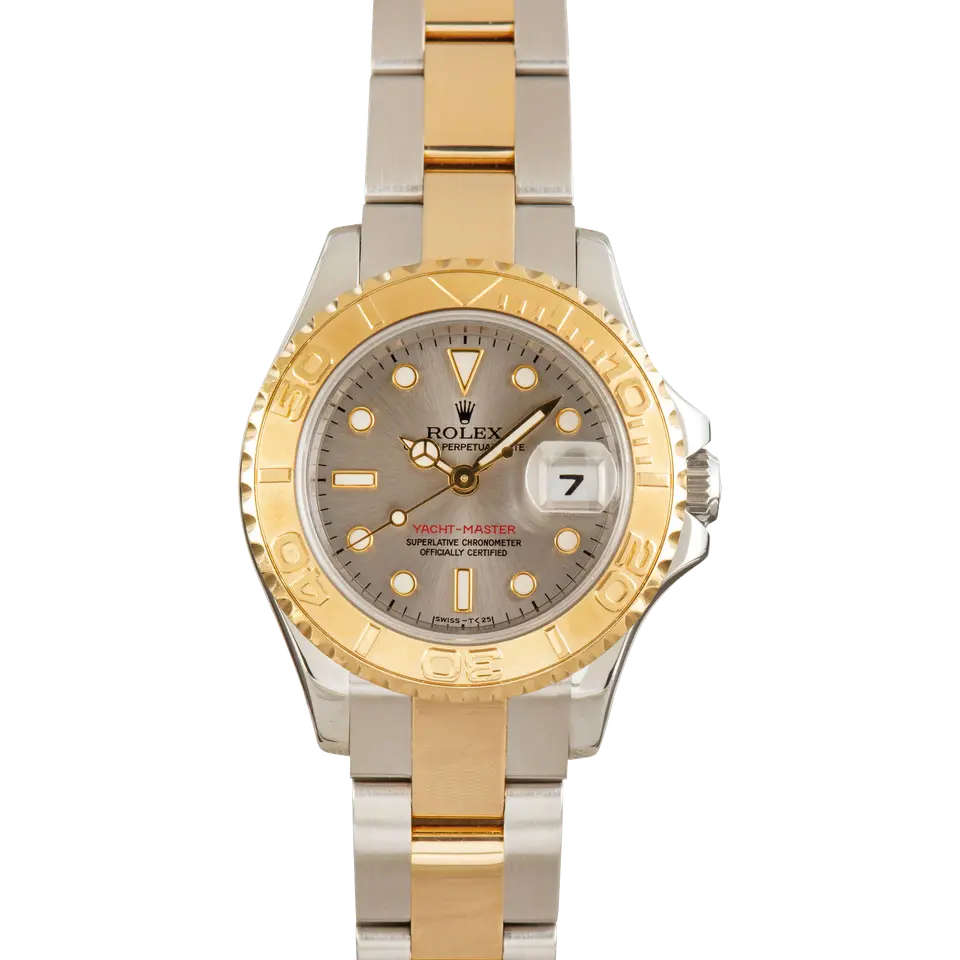 Rolex Yacht-Master 29 69623 with a slate dial, yellow gold rotating bezel and steel and gold Oyster bracelet, a pre-owned example, front view of the whole watch