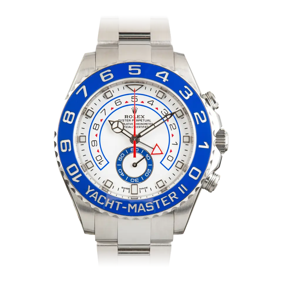 Rolex Yacht-Master II 116680 with a white dial with blue regatta countdown and a blue ceramic bezel on a steel Oyster bracelet, a pre-owned example, front view of the whole watch