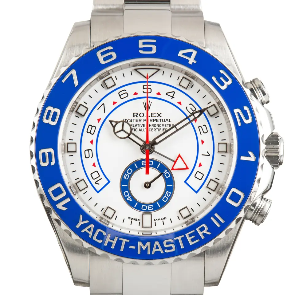Rolex Yacht-Master II 116680 with a white dial with blue regatta countdown and a blue ceramic bezel on a steel Oyster bracelet, a pre-owned example, studio close-up of the case