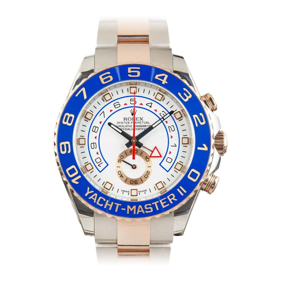 Rolex Yacht-Master II 116681 with a white dial and blue ceramic regatta bezel in steel and Everose gold on an Oyster bracelet, a pre-owned example, front view of the whole watch