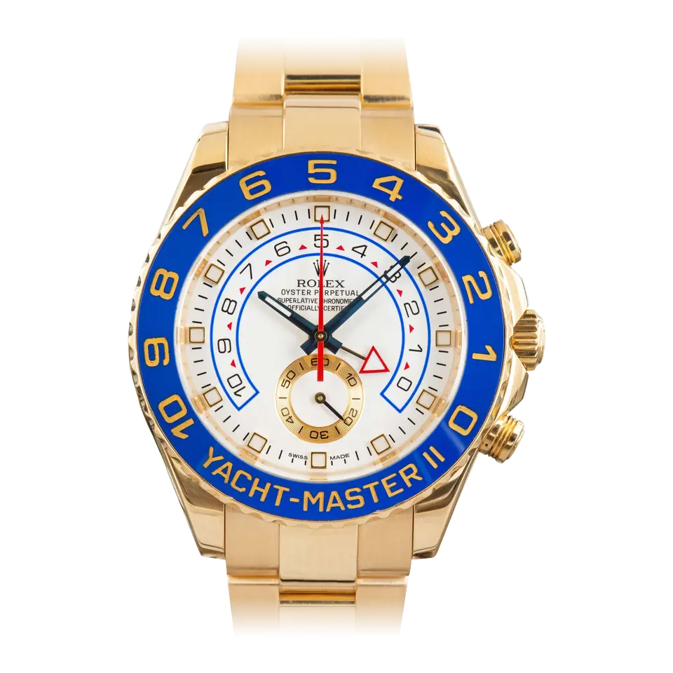 Rolex Yacht-Master II 116688 with a white dial, blue ceramic regatta bezel and red countdown hand in yellow gold on an Oyster bracelet, a pre-owned example, front view of the whole watch
