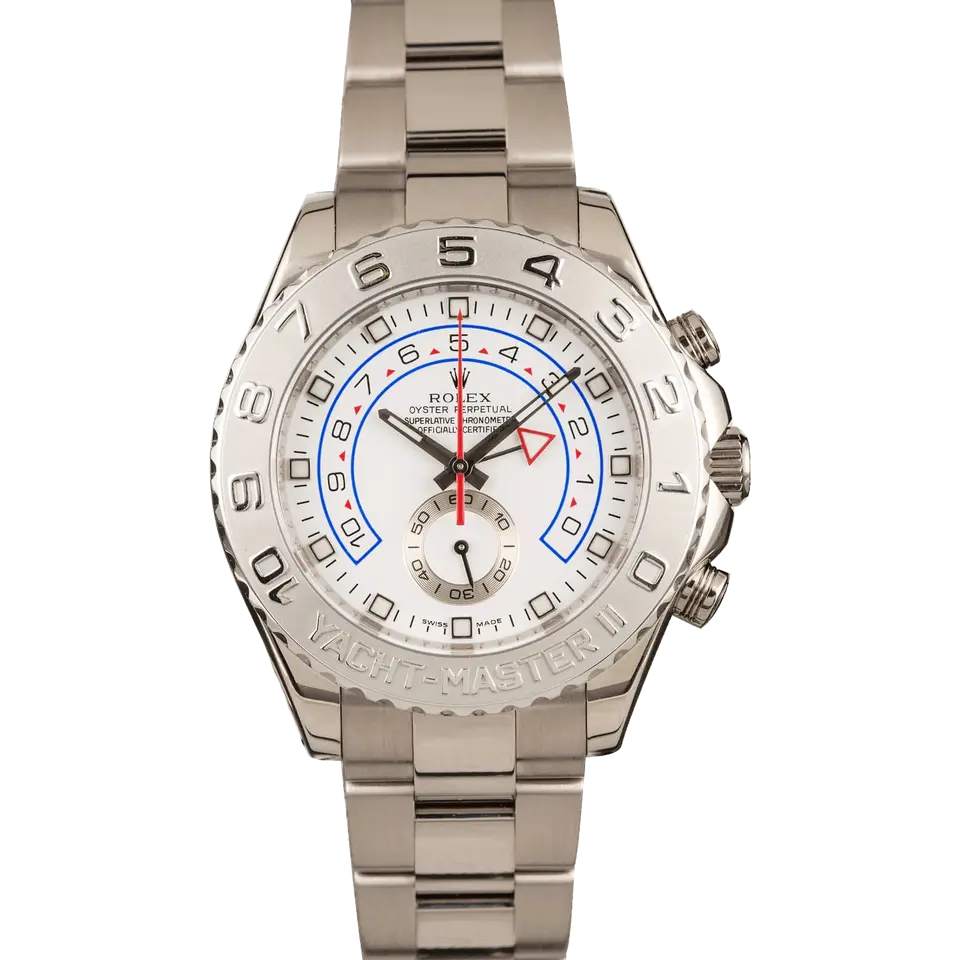Rolex Yacht-Master II 116689 with a white dial and platinum regatta bezel in white gold on an Oyster bracelet, a pre-owned example, front view of the whole watch