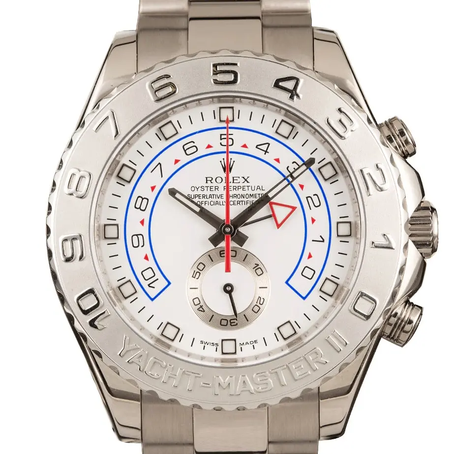 Rolex Yacht-Master II 116689 with a white dial and platinum regatta bezel in white gold on an Oyster bracelet, a pre-owned example, studio close-up of the case
