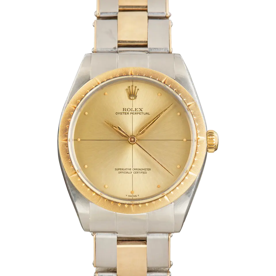 Rolex Oyster Perpetual Zephyr 1008 with a gold dial with cross-hair lines, engine-turned yellow gold bezel and steel and gold Oyster bracelet, a pre-owned example, front view of the whole watch