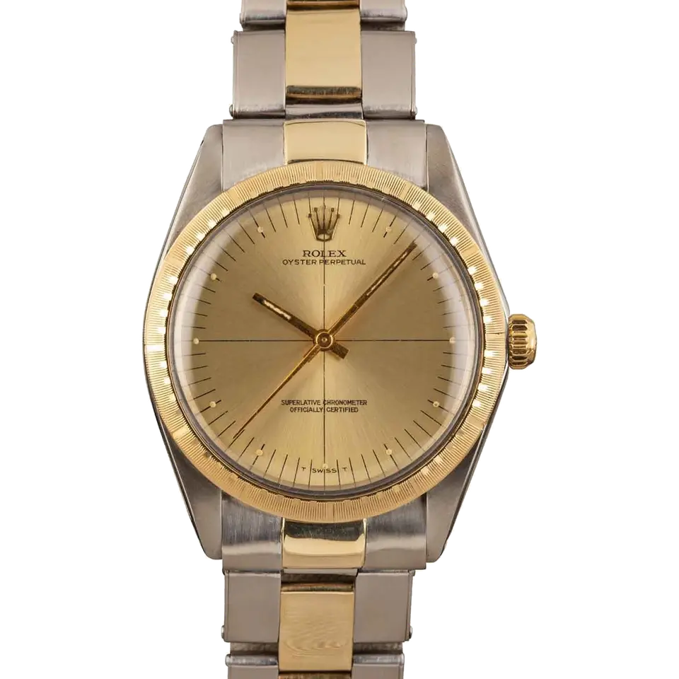 Rolex Zephyr 1038 with a champagne dial with cross-hair lines, engine-turned yellow gold bezel and steel and gold Oyster bracelet, a pre-owned example, front view of the whole watch